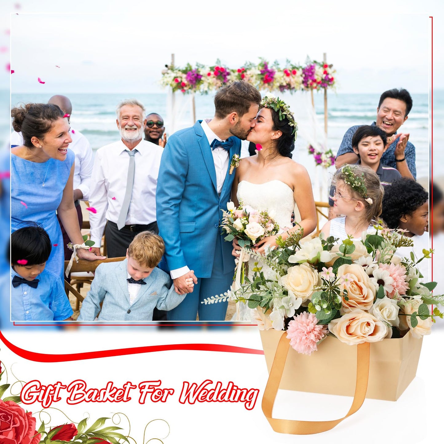 Colarr 12 Pack Baskets for Gifts Empty Bulk Kraft Empty Gift Basket Kit with Handle Wrapping Bag Bow Sturdy Market Tray to Fill for Wedding Bridal Shower Birthday Christmas Party Favor(Gold)