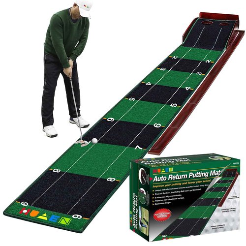 HUAEN Putting mat for Indoors,Golf Practice Putting Green with Ball Return,Office Putting matt,Gift for Golf Lovers