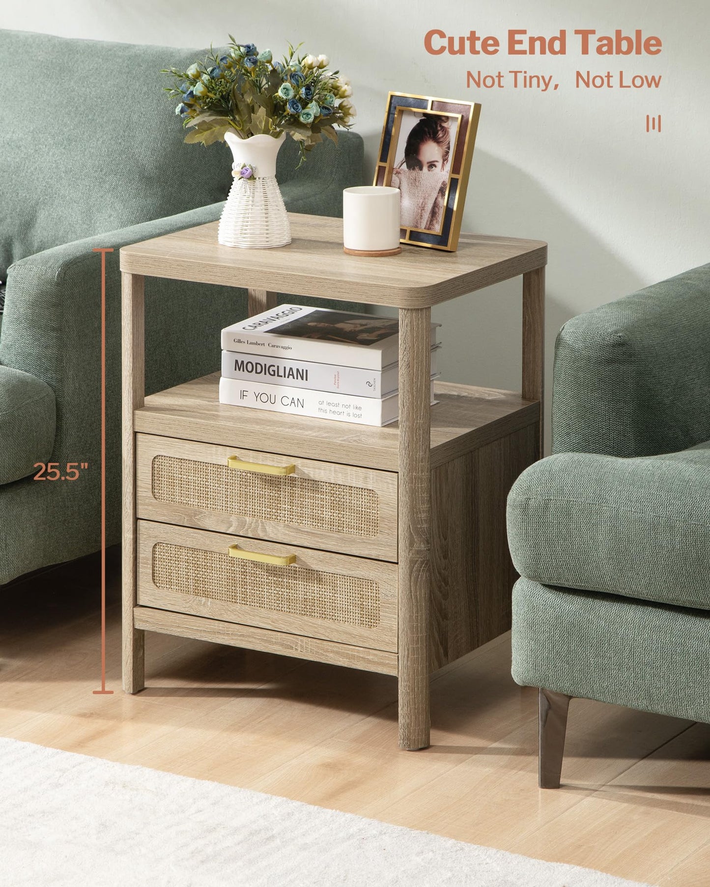 Nightstands Set of 2 - Rattan Night Stand Bedside Table with 2 Rattan Drawers, Open Storage Shelf, Farmhouse Wood Bed Side Tables End Table for Bedroom Living Room, Natural