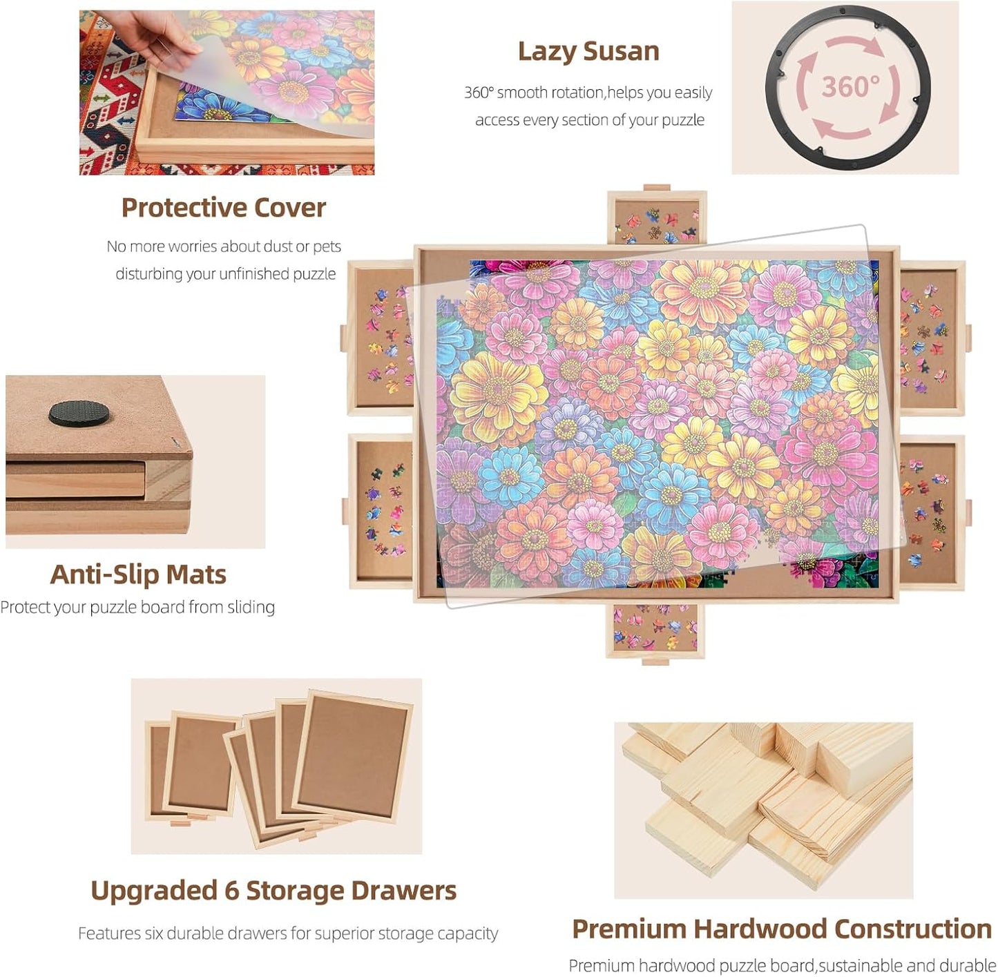 2000 Pieces Rotating Puzzle Board with 6 Drawers, Lazy Susan & Transparent Cover, 40.1"x28.5" Portable Wooden Jigsaw Puzzle Board, Great Gift for for Puzzle Enthusiasts