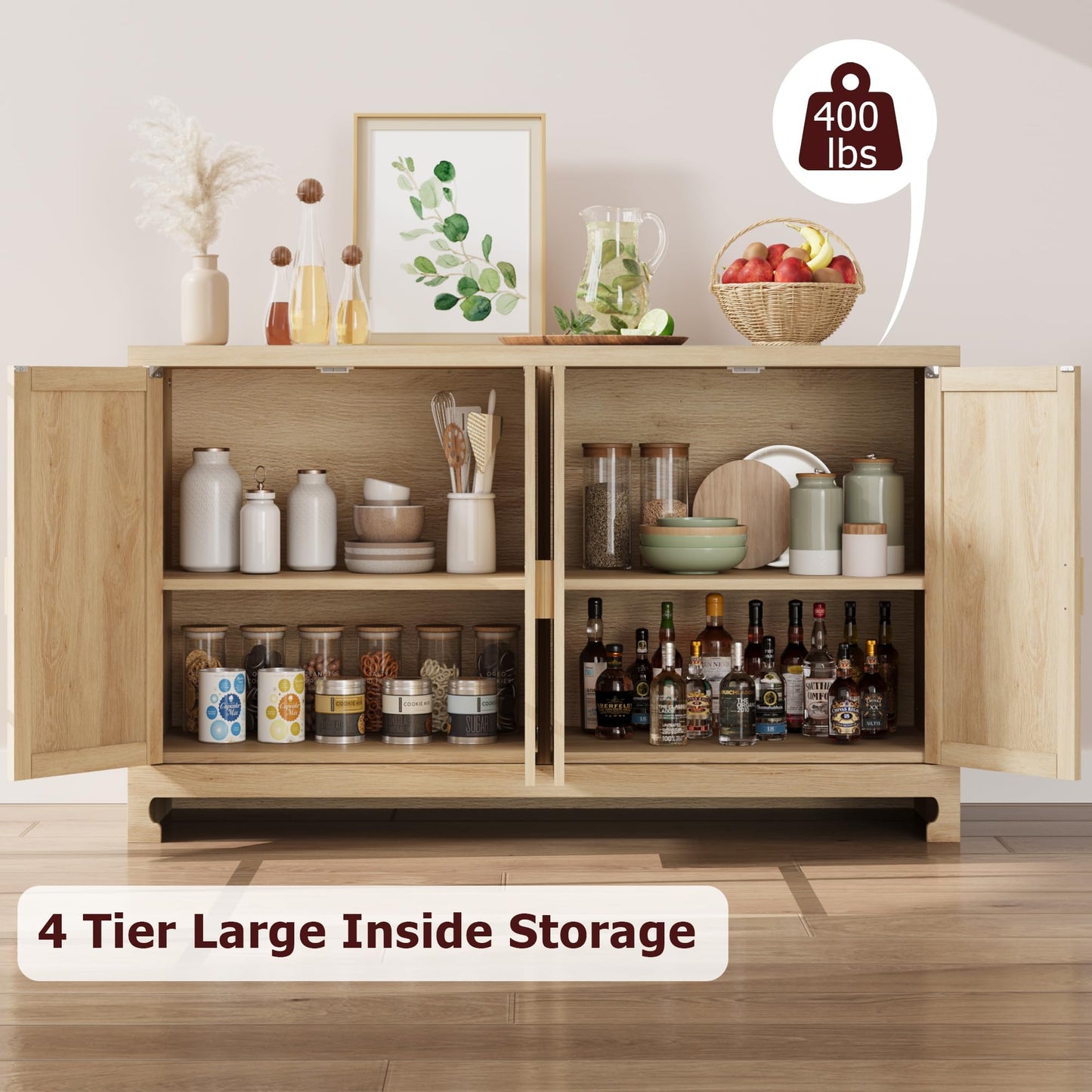 GarveeHome 60 in Farmhouse Rattan Buffet Cabinet - 4-Door Woven Storage Sideboard with Adjustable Shelves, Kitchen Console Table for Dining Room & Living Room Entryway (Oak Brown)