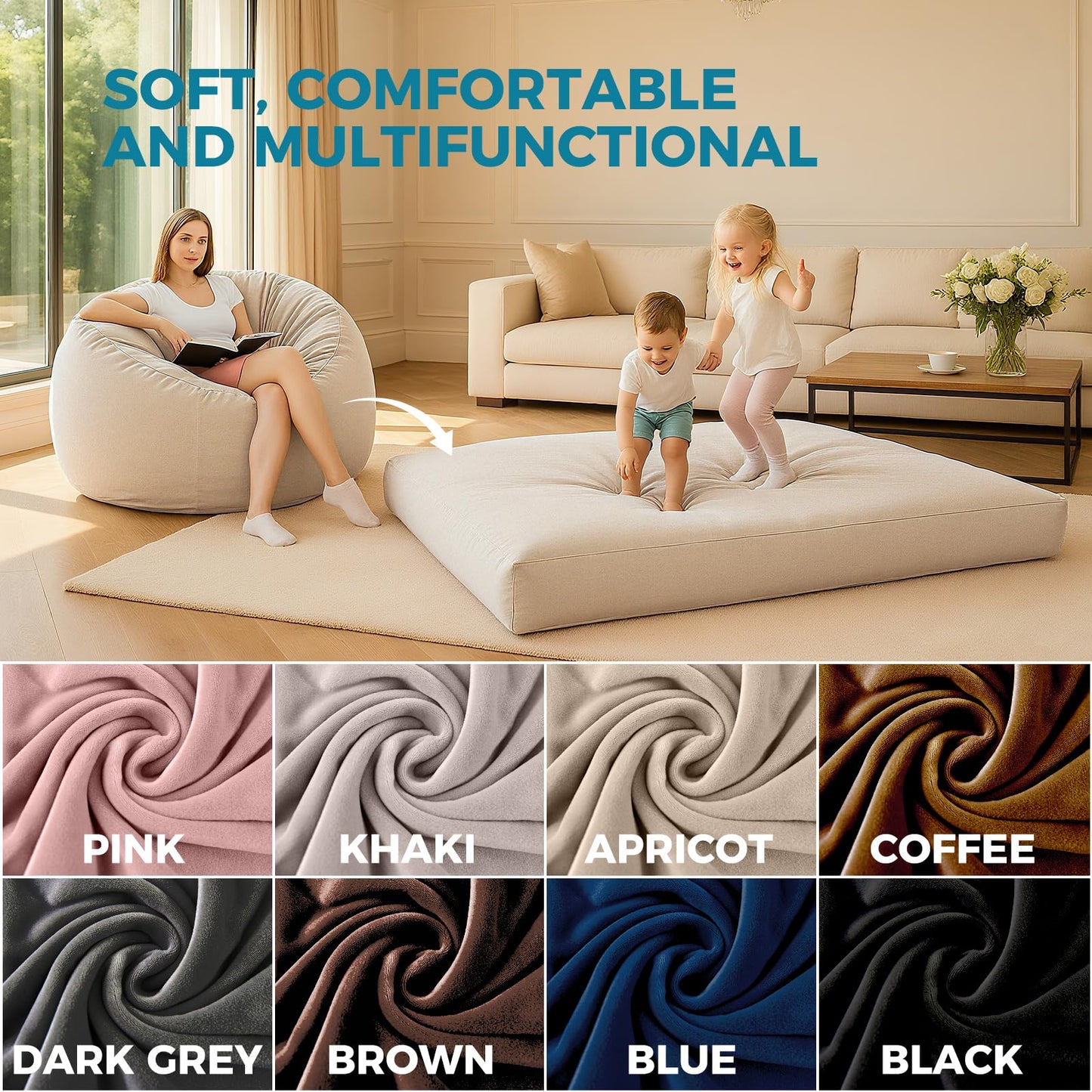 HZYPBS Extra Large Bean Bag Chair，Two in one Bean Bag Bed，It can be Easily Converted from a Chair to a Mattress, Filled with high-Density Foam, Washable Flannel Cover. for Families (Apricot Color)