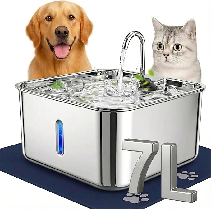 7L Stainless Steel Cat & Dog Water Fountain with 12×16 Waterproof Anti-Slip Mat, Automatic Pet Water Fountain with Quiet P...