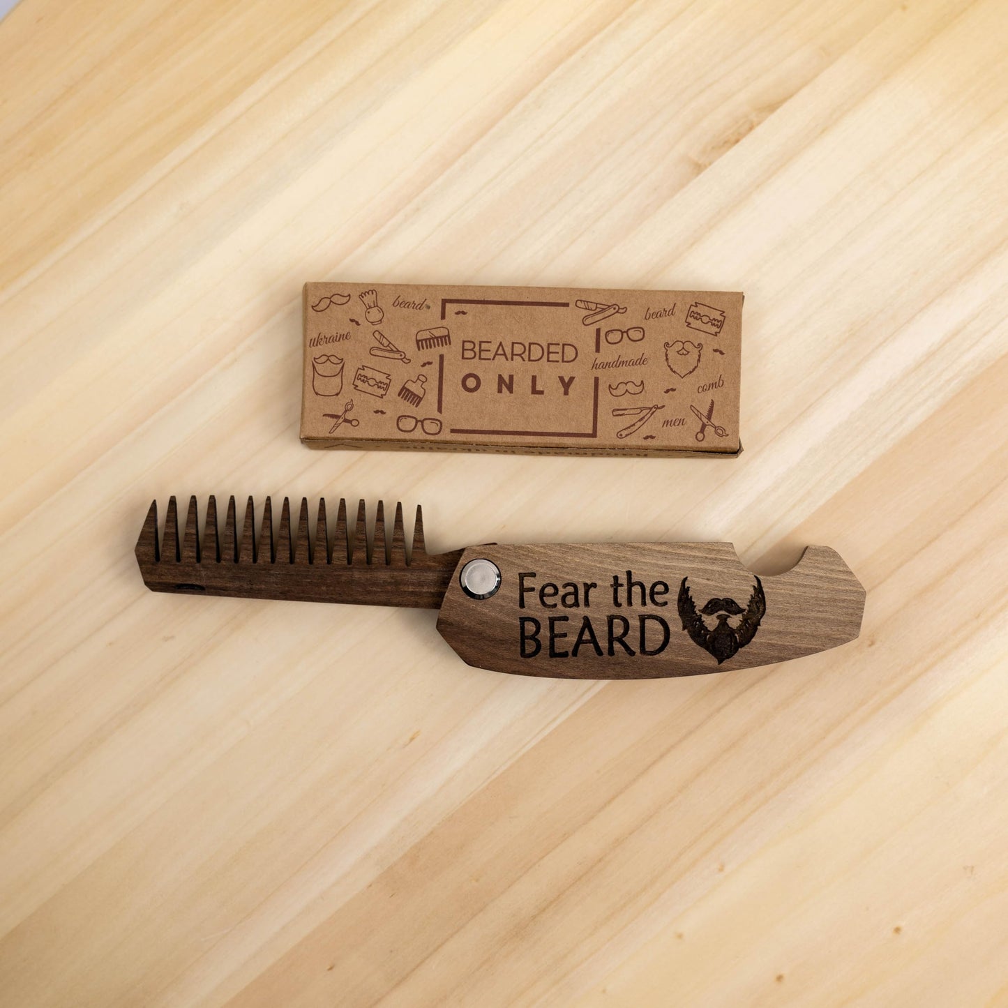 Beard Comb Gifts for Him Wooden Comb for Men Folding Pocket for Moustache Hair Walnut Combs Husband with the Engraving (Fear The Beard)
