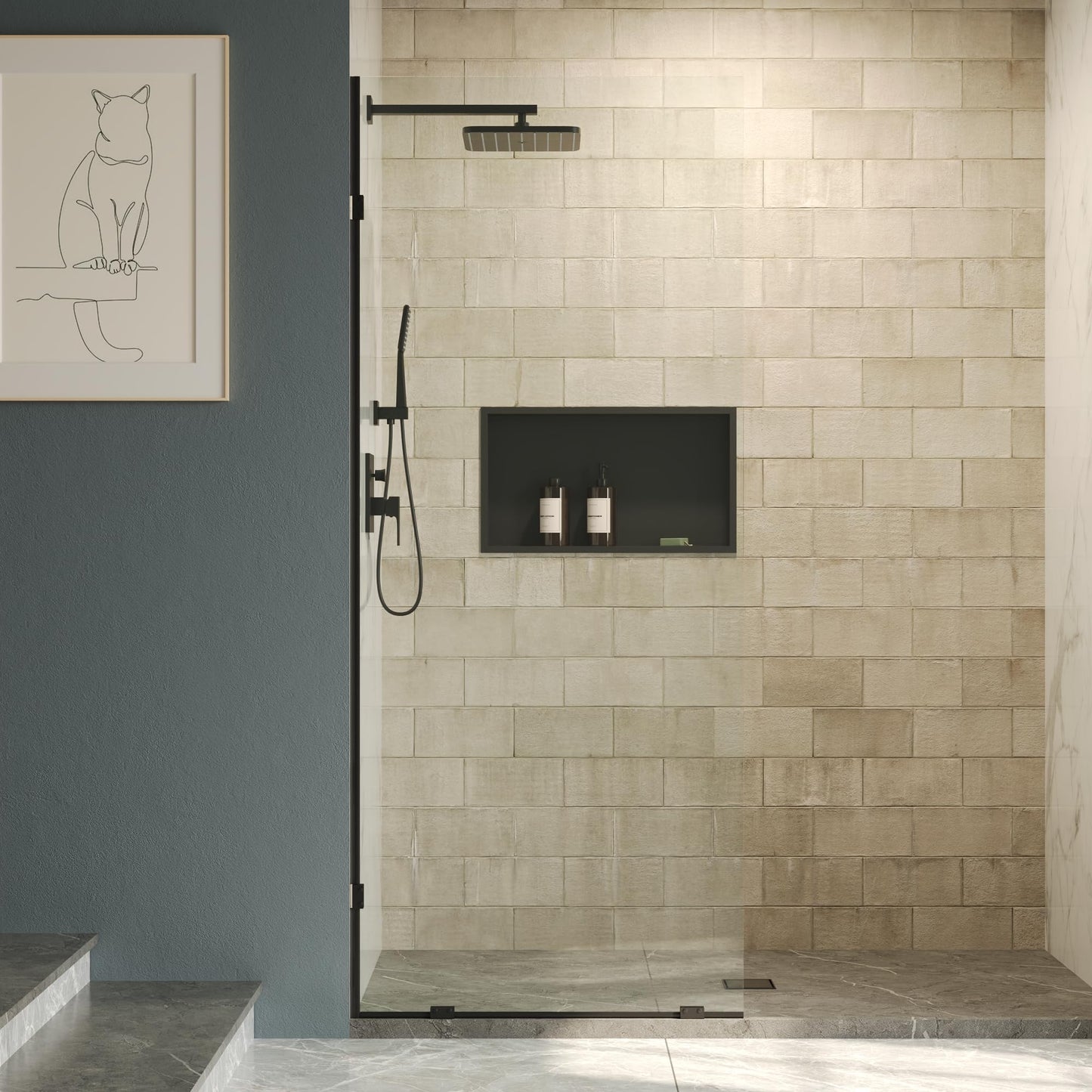 DeerValley 32"×78" Fixed Glass Shower Panel, 3/8'' (10mm) Thick Shower Glass Panel, Frameless Tempered Glass Door, Bathroom Shower Screen with Hardware (Matte Black)