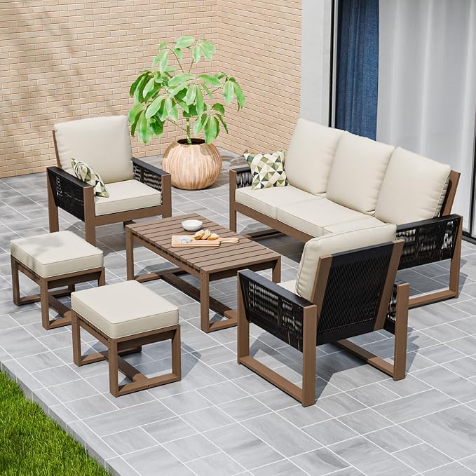 INTER HUT Rustic Hideaway Natural Cedar Wood Outdoor Furniture Set, Wicker Patio Conversation Set for Porch Garden Backyard, Couch, 2 Patio Chairs, Table and 2 Ottomans, 6 Piece, Brownish/Beige