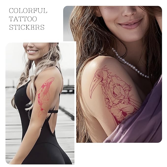 Feminine Pink Art Temporary Tattoos | Realistic Pink Purple Temporary Tattoos for Women, Floral Bird Moon & Symbol Fake Tattoo Stickers from Elegant to Edgy for Party Travel Daily Use