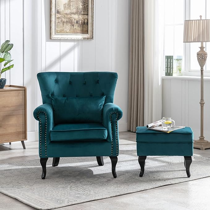 DM Furniture Accent Chairs with Ottoman Set of 2 Velvet Wingback Club Chair Upholstered Reading Chair Lounge Chairs with Wood Legs/Button Tufted Back for Bedroom Living Room, Teal Blue