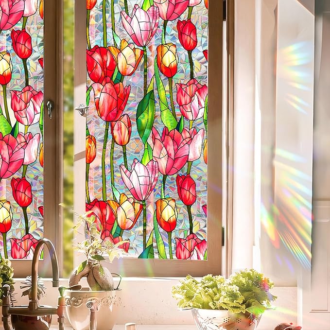Stained Glass Window Film UV Resistant Window Privacy Film Red Floral Privacy Rainbow Decals Living Room Bedroom Sun Blocking Decor Removable Static Cling Stickers 17 x 39.37 Inch