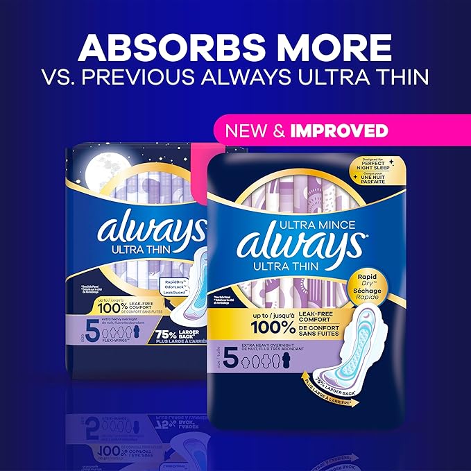 Always Ultra Thin Overnight Pads, Size 5, Extra Heavy Overnight, Unscented, 92 Count (2 Packs of 46)