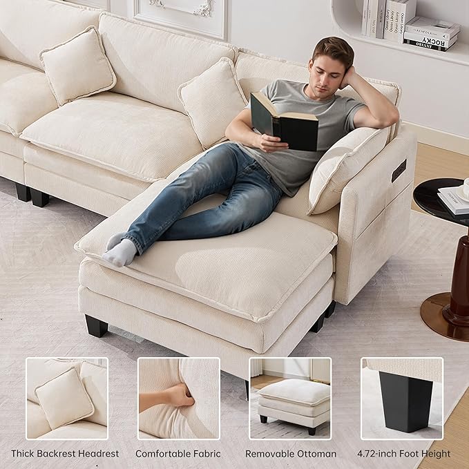 Opiesit 108" Modular Sectional Couches for Living Room with Ottoman, L Shaped Cloud Couch with Charger, USB & Type-c Port, Comfy 4 Seats Sofas with Deep Seat, Chenille Fabric, Beige