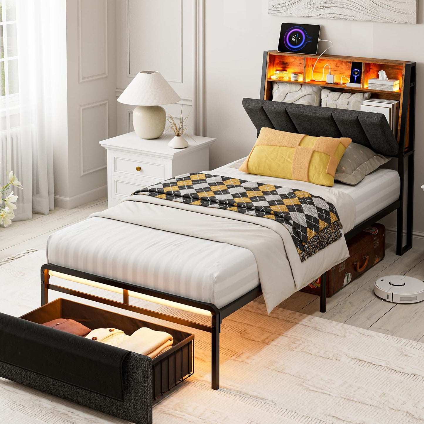 IKIFLY Twin XL Bed Frames with Ergonomic Hidden Storage Headboard & Dustproof Storage Drawer, Upholstered Twin XL Platform Bed with Charging Station and LED Lights, No Box Spring Needed, Dark Grey
