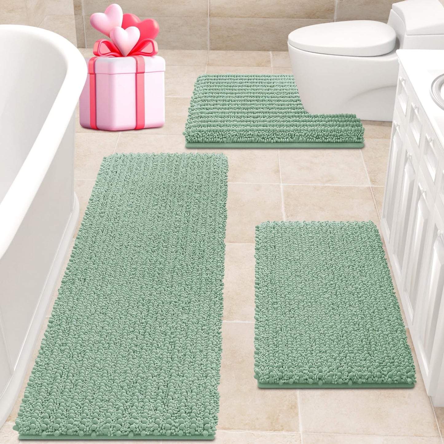 ACCUMTEK Upgrade Extra Large Sage Bathroom Rug Set 3 Pieces Ultra Soft, Thick Absorbent Bath Mats, Non Slip Chenille Toilet Mat for Bathroom, Bedroom, Kitchen, Mint