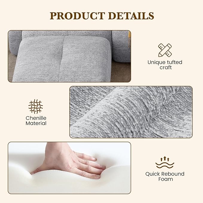 122" L Shaped Convertible Modular Couch, Cloud Couch Sectional with Ottoman, 4-Seater Chenille Boneless Couches for Living Room, Apartment, No Assembly, Light Grey 1PCS