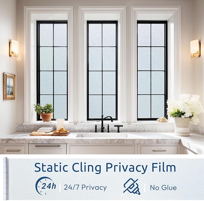 rabbitgoo Frosted Glass Window Privacy Film, No Glue, Anti-Glare Heat Blocking, Easy to Install, Renter Friendly Removable Opaque Bathroom Window Clings for Glass, 17.5 by 78.7 inch