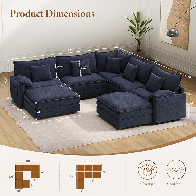 Vesgantti 101" V-Shaped Corner Couch Sectional, 7 Seat Customizable Modular Cloud Couches with Movable Ottoman, Chenille Deep Seat Sofa Set with Chaise for Living Room, Bedroom and Apartment, Blue