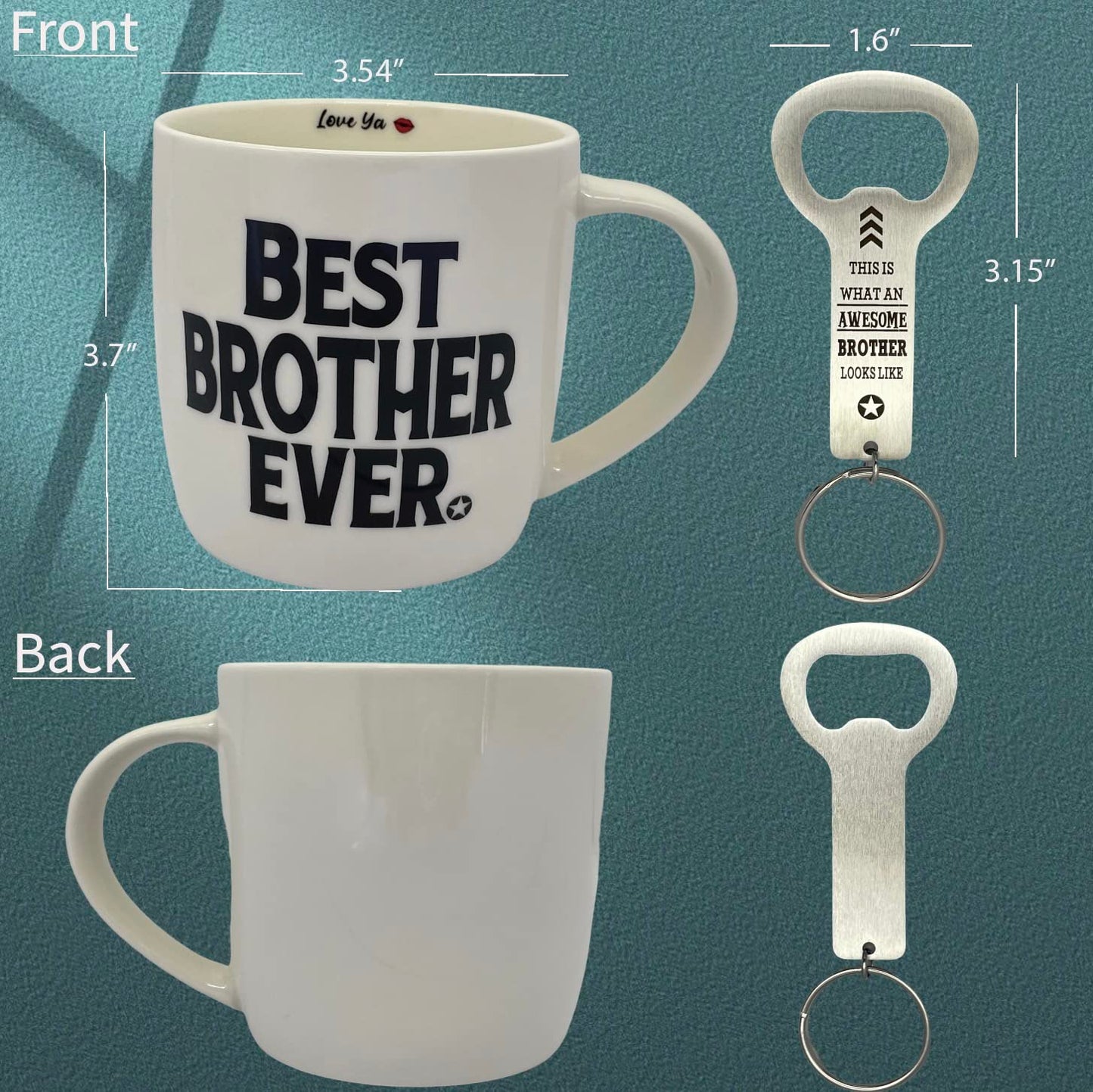 Best Brother Ever Mug, Brother Coffee Mug Ceramic 12 Ounce, Brother Keychain Bottle Opener, Brother Gift from Sister, Brother Birthday Gift, Brother Cup from Sister, Brother Present from Sister