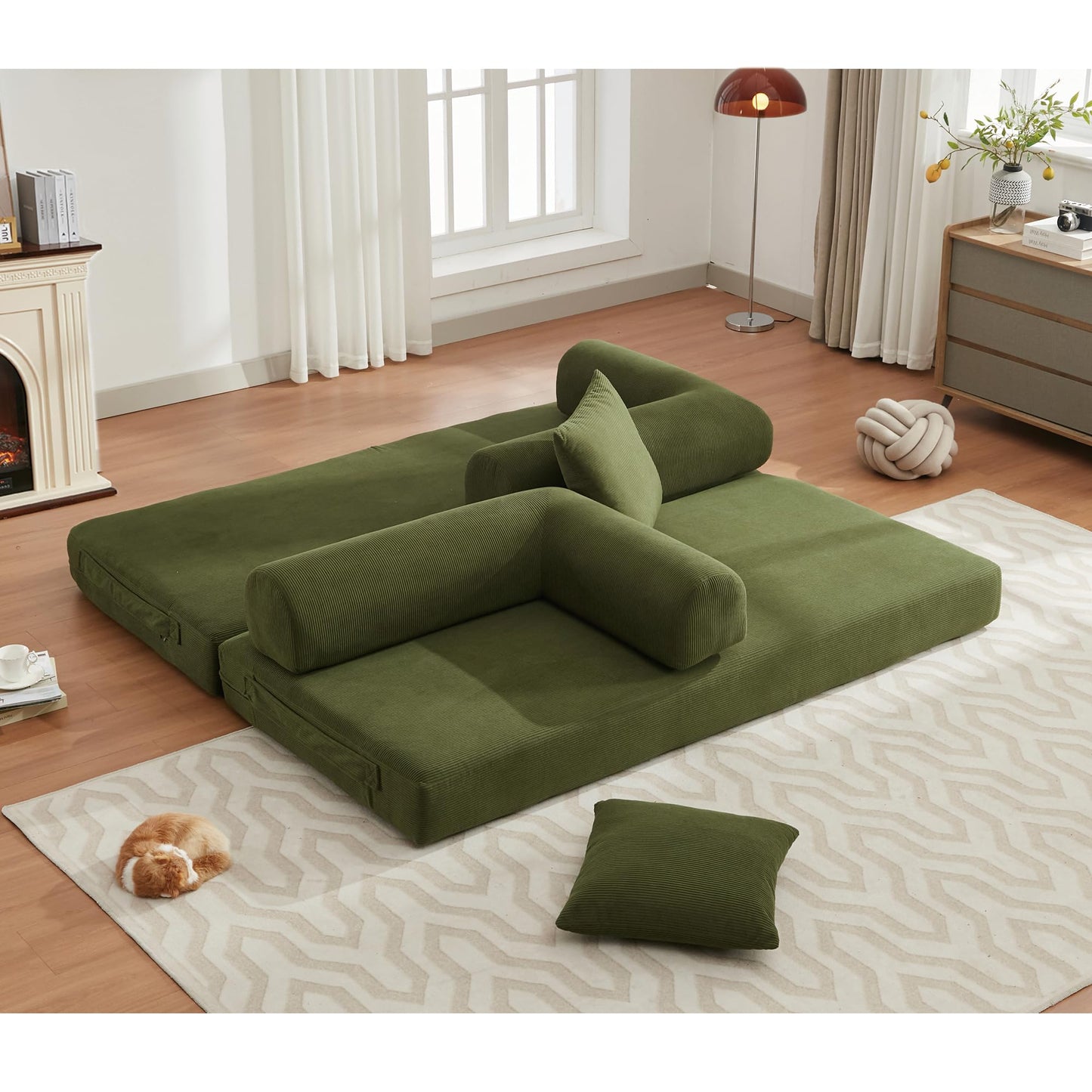 ZEIINPA Convertible Sleeper Sofa Bed with Cylindrical Pillow, Corduroy Folding Mattress Couch with Fixed-Shape Frame, Floor Sofa Lounge Couch for Living Room Bedroom Lounge Studio-Green