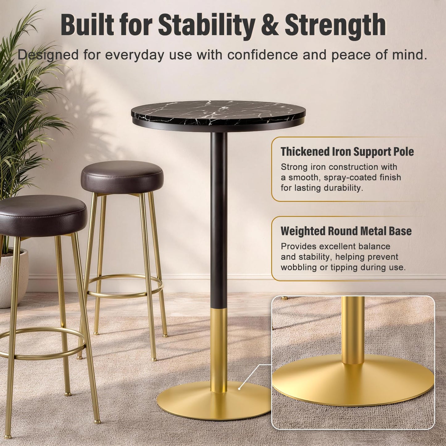 Modern Round Marble Bar Table, 22" Black Marble Top Pub Table with Gold Metal Base, Tall Bistro Table for Home Bar, Kitchen, Dining, Small Spaces, 37'' Bar Height
