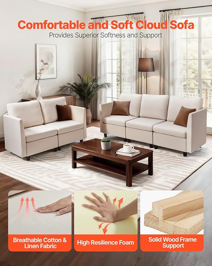 VEVOR Modular Sectional Sofa, Modern 5-Seater Modular Sofa with Hidden Storage, Customizable Cloud Sectional Couch, Solid Wood Frame Upholstered Comfy Couch for Living Room, Bedroom, Beige