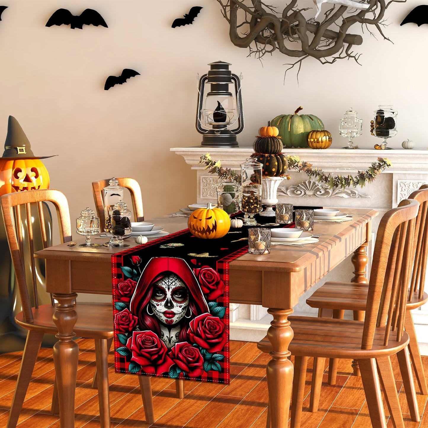 Day of The Dead Table Runner Dia De Los Muertos Tablecloth Sugar Skull Roses Mexican Fiesta Halloween Party Decoration and Supplies for Home Kitchen Table-13×72''