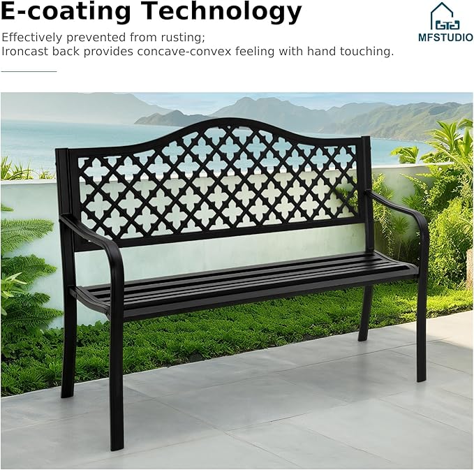 MFSTUDIO Outdoor Metal Bench Set of 2, 50" Black Outdoor Metal Garden Bench, Cast Iron Frame Patio Furniture with E-Coating, Perfect for Porch and Yard