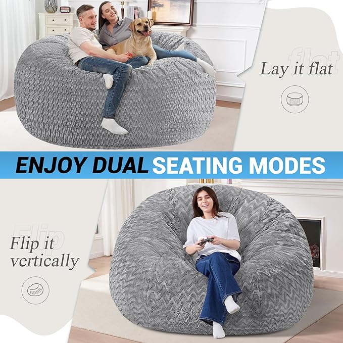 HABUTWAY 6FT Bean Bag Chair,Giant Bean Bag Chairs for Adults,Big Bean Bags with Memory Foam Filled, Large Beanbag Chairs with Chevron Plush Cover-Grey
