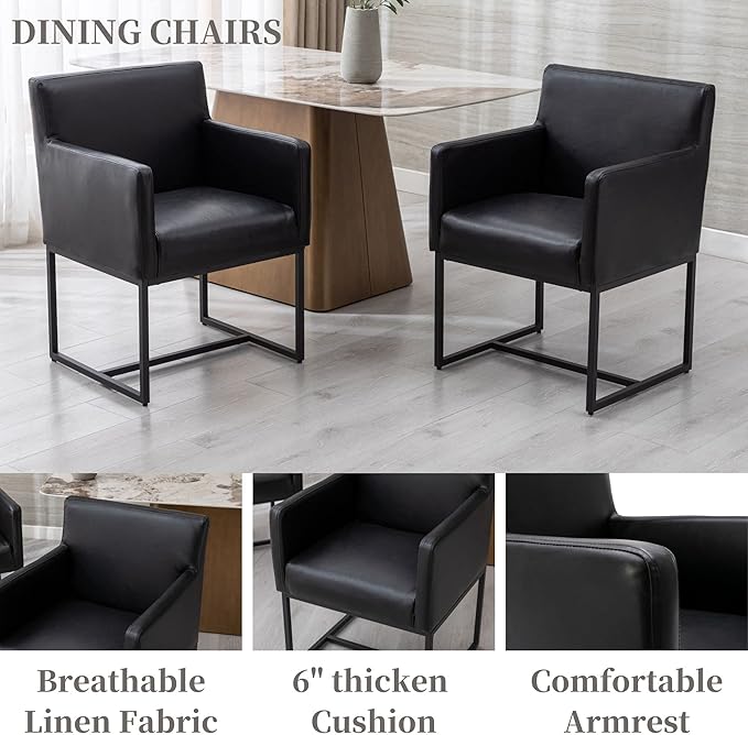 BESTANO Set of 6 Upholstered Dining Chairs with Armrest, PU Leather Modern Accent Armchairs, Kitchen & Dining Room Chairs Side Chairs, Black