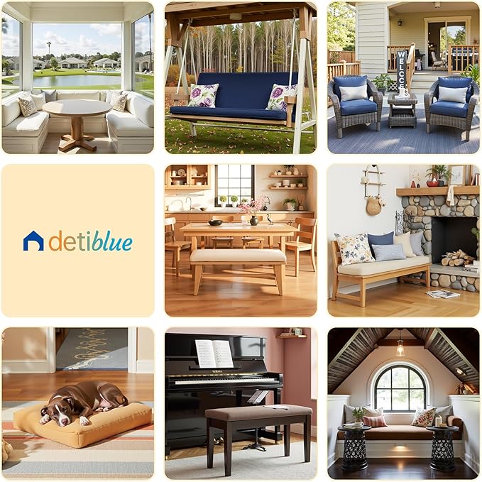 Detiblue Custom Bench Cushion - Customizable Fabric/Color/Size/Non-Slip Methods/Piping, Outdoor Patio Porch Swing Cushions, Indoor Bay Window Seat Furniture Cushions, Waterproof, High-Density Foam