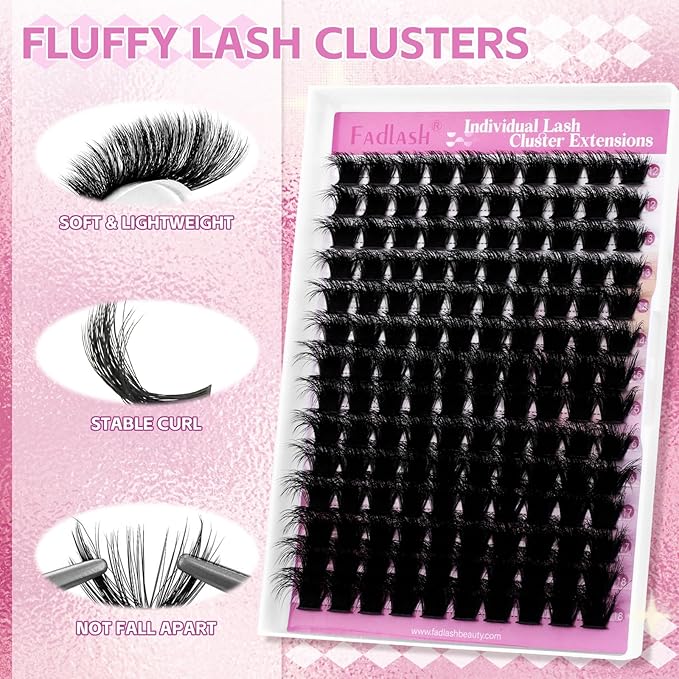 FADLASH Lash Clusters 200D Thick Eyelash Clusters D Curl Volume Cluster Eyelash Extensions 12-18mm Individual Lashes 3D Effect DIY Lash Extension Clusters (200D-0.07-D,12-18mm)