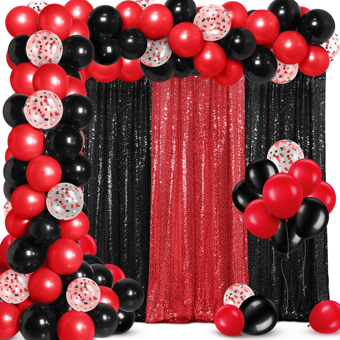 SmoothNovelty 137 Pcs Red Black Backdrop Kits 4 Sequin Backdrop Curtain 133 Balloon Garland Kit Photo Prop Background for Anniversary Birthday Halloween Christmas Movie Night Car Party Decoration