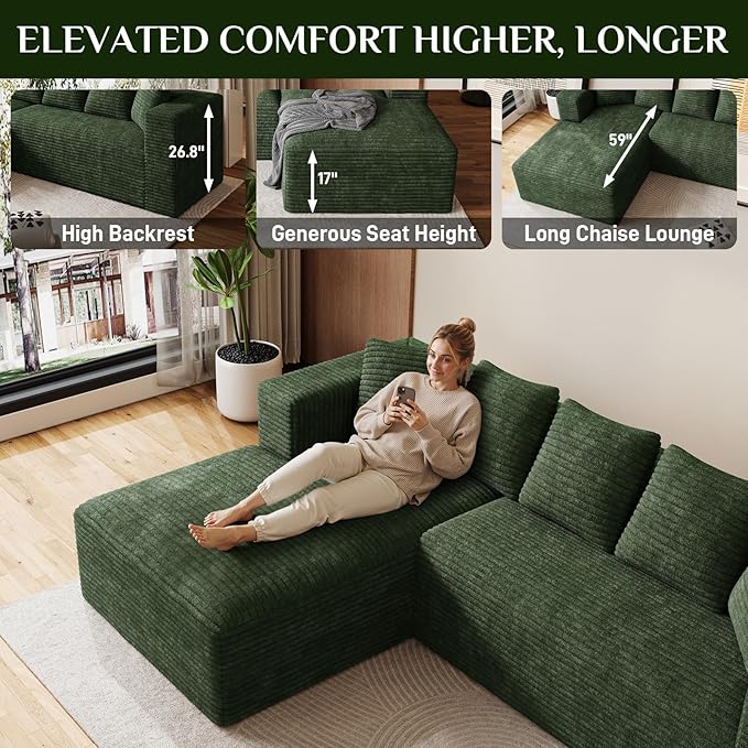 Modular Sectional Sofa, 107" L Shaped Cloud Couch Plush Corduroy Deep Seat Boneless Sofas with 5 Pillows Long Chaise Lounge Couches Memory Foam for Living Room - Green, Left Facing Chaise