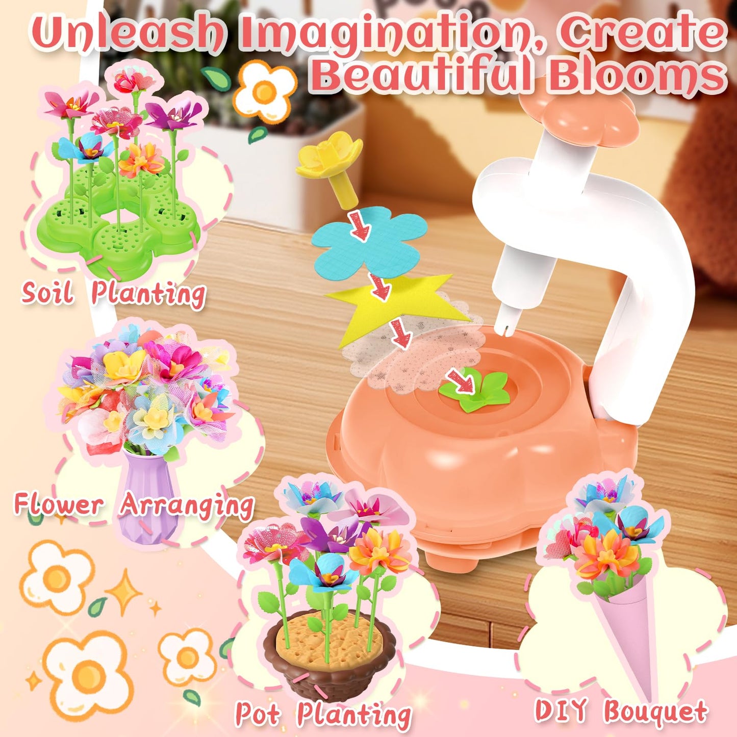 Fabric Flower Bouquets Toys for Toddlers and Girls Ages 3 4 5 6 7 8 9, Arts & Crafts Kit for 4-8 Year Old Kids, Ideal Festive Xmas Gifts for Preschool Girls, Educational Handmade DIY Activity Set