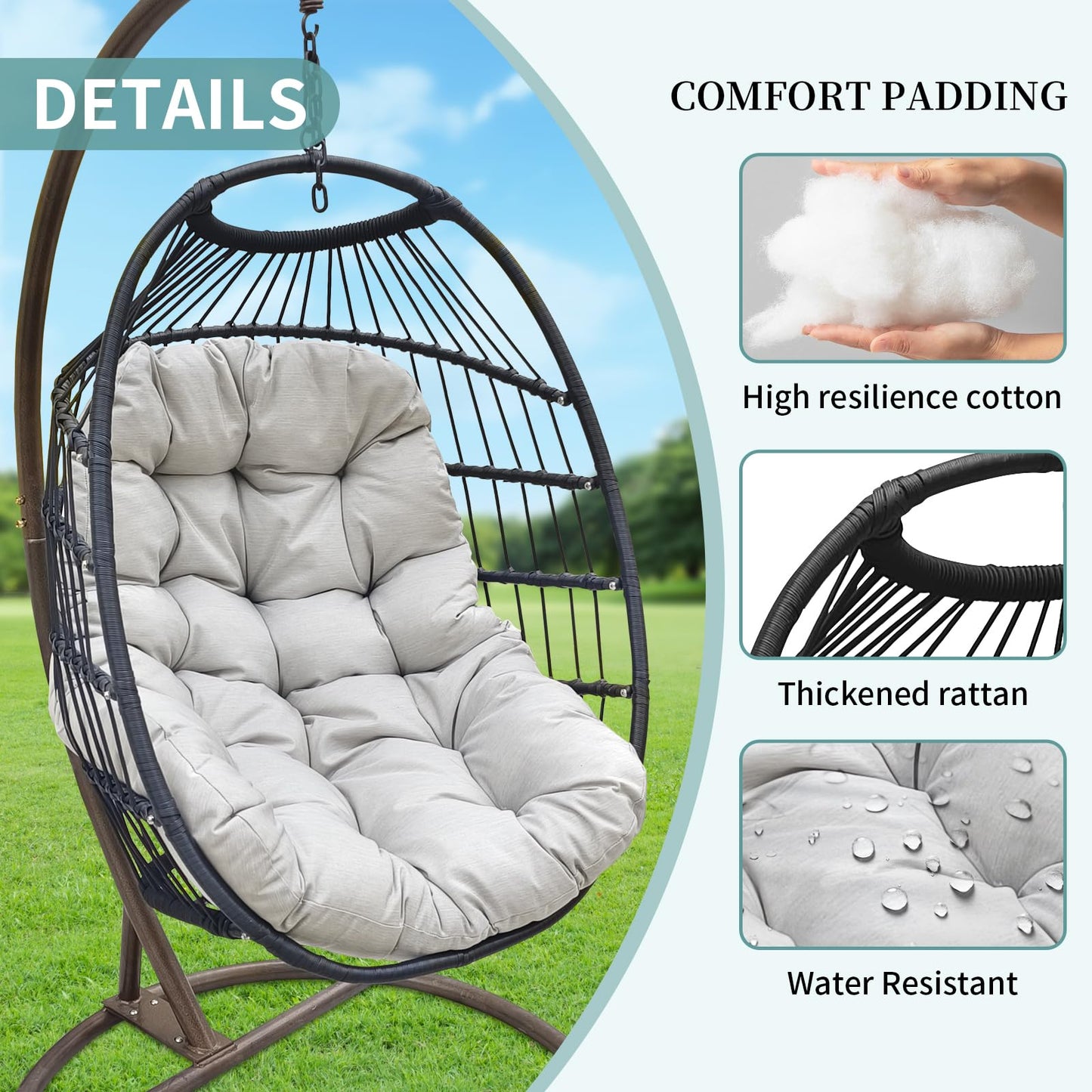 Hanging Egg Chair with Stand, Wicker Hammock Chair, Patio Swing, Foldable Basket, 350lbs Capacity for Indoor/Outdoor, Patio, Deck, Garden, Porch, Terrace