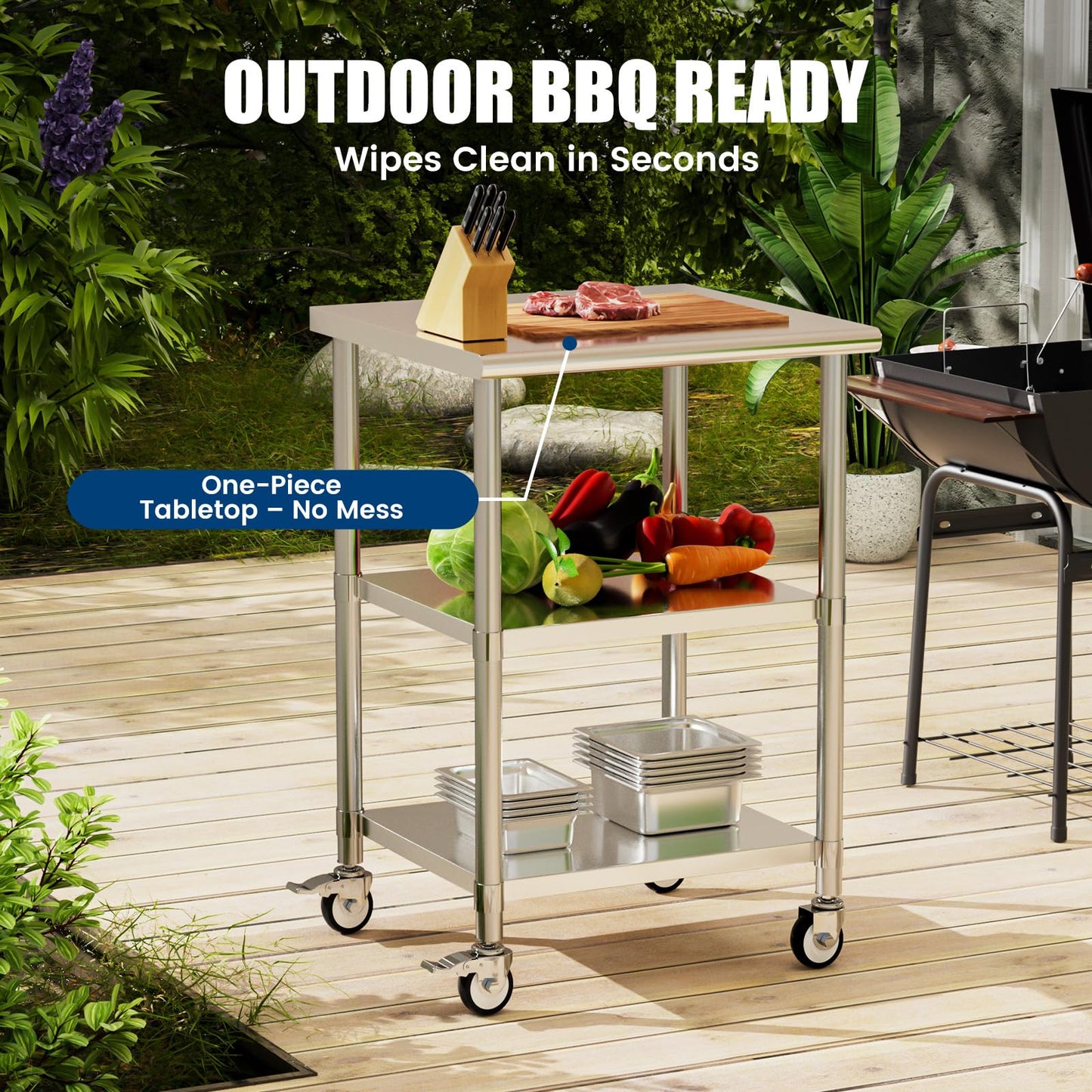Chingoo Stainless Steel Work Table with Wheels, 24x24 Inch NSF Kitchen Prep Table with 2 Adjustable Undershelves for Commercial Restaurant, Garage, Outdoor BBQ