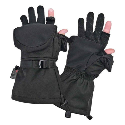 Striker Unisex Crossover Flip Mitts - Durable Insulated Ice Fishing Mittens with Adjustable Wrist and Gauntlet Closure, Black, Medium