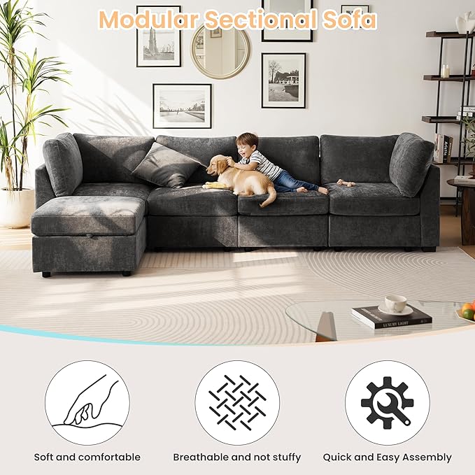 TEKAMON 96" Modular Sectional Sofa with Ottoman,Large Comfy Cloud Deep Seat, Reversible Chaise Modular Sectional Couches for Living Room and Apartmenr,Grey 3steaer