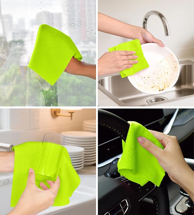 Microfiber Cleaning Cloth Roll–100 Pack, Tear Away Microfiber Towels, Reusable, Washable, Scratch-Free, Kitchen Towels for Car, Home, Kitchen, Glass, Dishes (Neon Green)