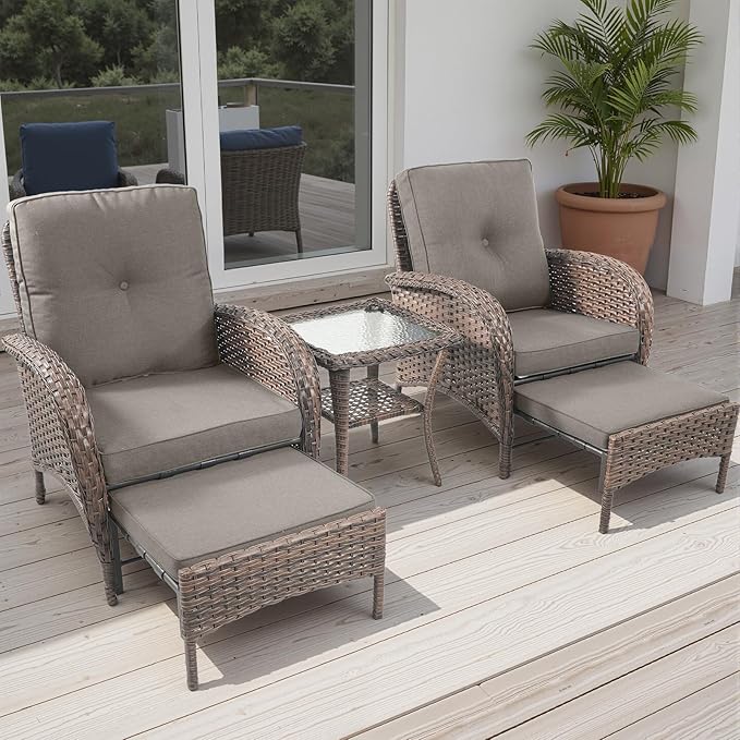 Rilyson Wicker Patio Furniture Set - 5 Piece Balcony Furniture Set with Hidden Ottomans, Rattan Outdoor Patio Chairs with Side Table for Porch Deck Poolside Garden Brown/Grey