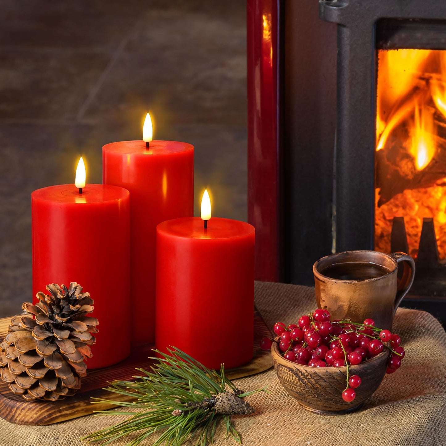 Eywamage Red Christmas Flameless Pillar Candles with Remote, Flickering Battery Operated LED Wax Candles Set of 3