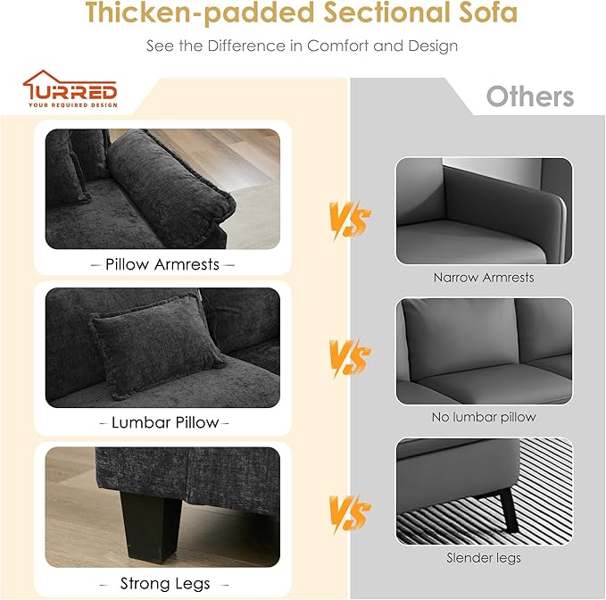 URRED Cloud Couch Modular Sectional Sofa, 157" Modern U Shaped Deep Seat Sofa with 2 Ottomans & Pillows, Ultra Comfy Chenille Couches for Living Room, Bedroom or Apartment, Black