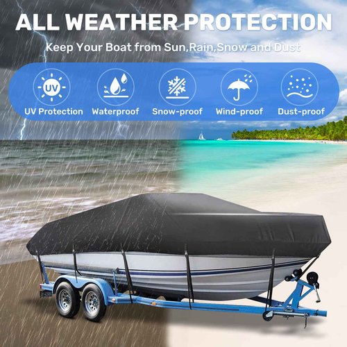 Mancro Boat Cover 16ft-18.5 ft, Heavy Duty Covers fits Bass Boats, V-Hull, Tri-Hull, Runabout, Fishing Boats, Waterproof Trailerable Boat Cover, Marine Grade Canvas Outboard Cover, Black