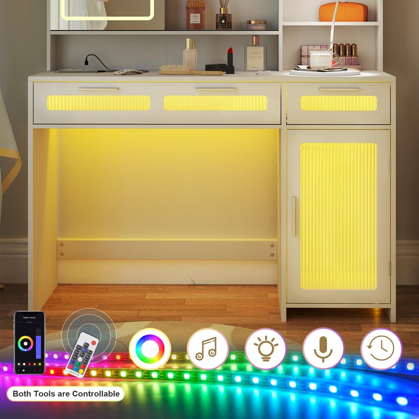 Hadulcet White Vanity Desk with Mirror and Lights, LED Vanity with Power Outlet, Makeup Vanity with 2 Drawers, 10 Storage Shelves and Acrylic Door Cabinet for Bedroom Dressing Room, 43”