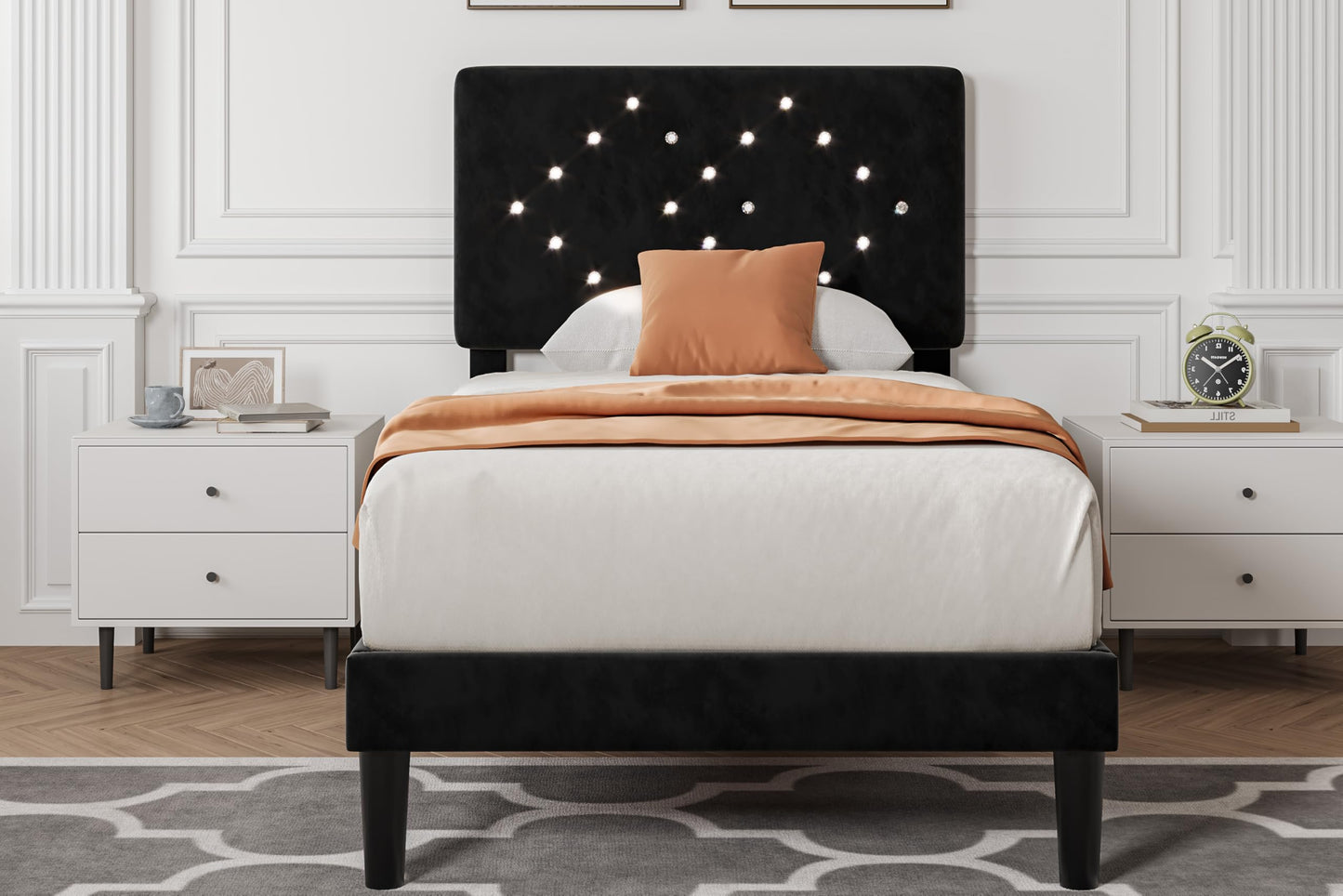 IDEALHOUSE Twin Bed Frame, Upholstered Platform Bed with Button Tufted Headboard & Under-Bed Storage Space, Sturdy Wooden Slats Support, No Box Spring Needed, Noise Free & Easy Assembly