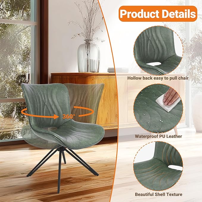 VATROS Dining Chairs Set of 4, 360° Swivel Upholstered Mid-Century Modern Kitchen Dining Room Chairs, Armless Faux Leather Accent Side Chair with Padded Back,Metal Legs for Living Room Bedrooms,Green