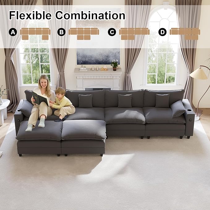 KCGKCG 152" Modular Sectional Sofa, U Shaped Cloud Couch with Movable Ottoman, Chenille Deep Seat Cloud Sofa with Charging Station, Cup Holder, Side Pocket, Sectional Couches for Living Room, Grey