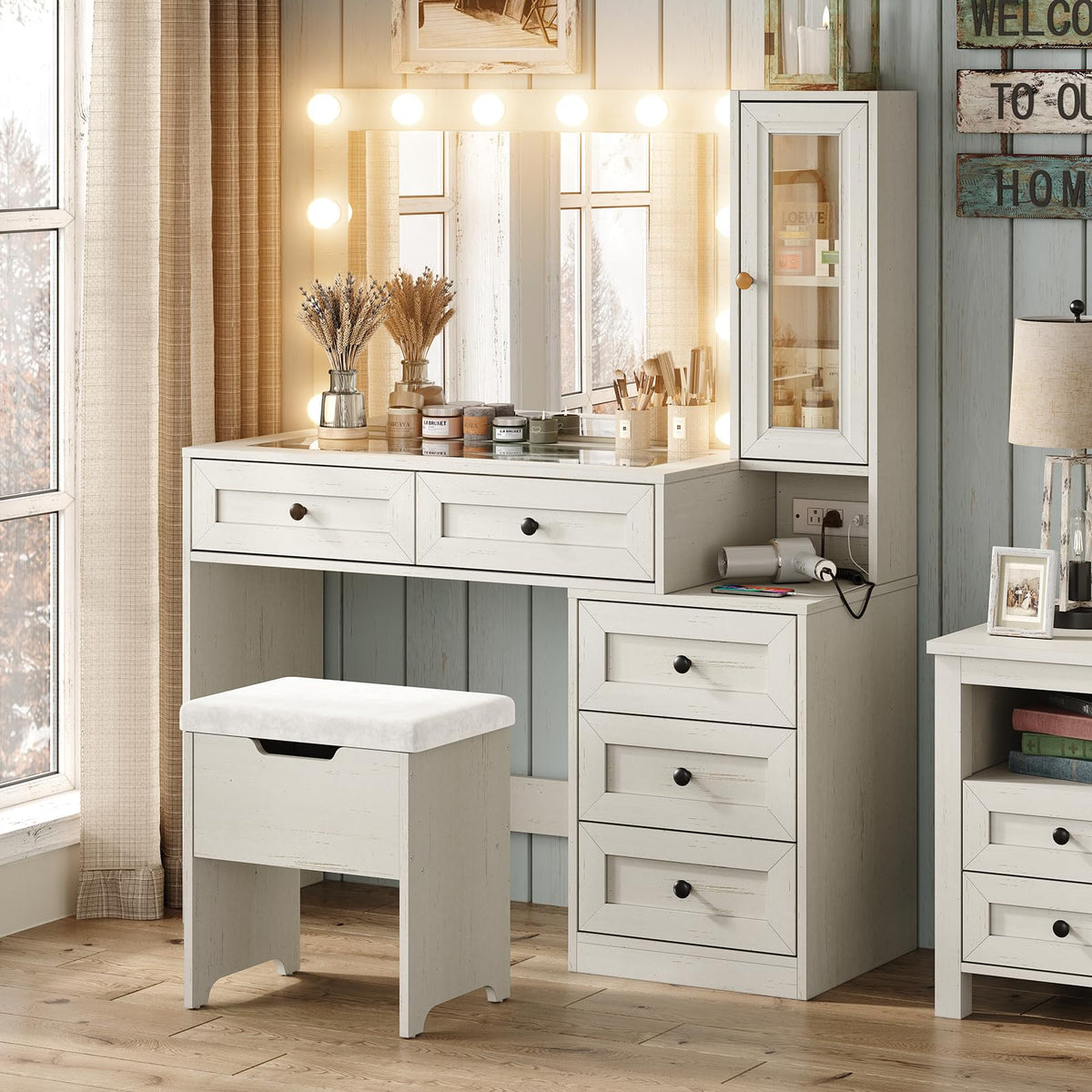 Diwnnue Large Farmhouse Mirror Vanity Desk with LED Bulbs White Makeup Table Set Glass Tabletop for Bedroom Charging Station & Power Outlet Adjustable Light Mode