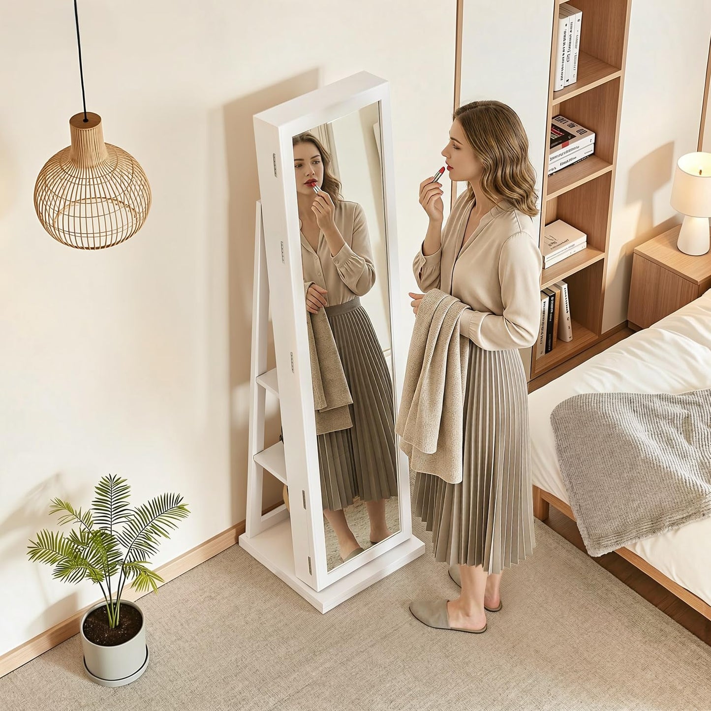 FAVSH 4-In-1 Jewelry Cabinet with Full-Length Mirror, 360° Swivel Jewelry Armoire Lockable Standing, Back Storage Shelves, Makeup Mirror, Jewelry Organizer with Storage for Best Gift, White