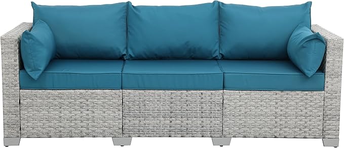 WAROOM Outdoor Couch 3 Seater Wicker Patio Sofa Grey Rattan Deep Seat Balcony Furniture Porch Seating with Peacock Blue Cushion