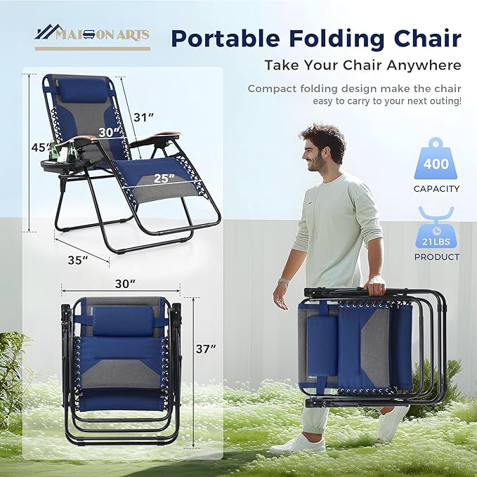 MAISON ARTS Oversized XXL Zero Gravity Chair, 30" Wide Seat Padded Foldable Recliner, Anti Gravity Outdoor Lawn Chair for Poolside/Backyard/Beach, Supports 400lbs, Blue & Grey